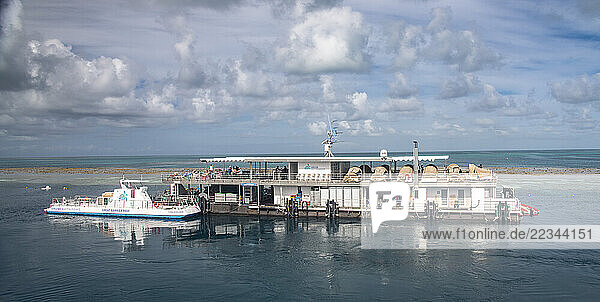 Platform permanently anchored on Hardy Reef  part of the Great Barrier Reef. Approximately 40 miles from the base ports of Airlie Beach and Hamilton Island on the East coast of Queensland  Australia. The platform is used for snorkelling and scuba diving on the reef. The tan structures on the top floor are called Swags. They are used for guests to spend the night and sleep under the stars; Hamilton Island  Queensland  Australia
