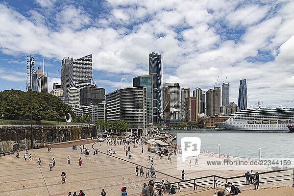 Sydney skyline including a cruise ship at the Circular Quay as seen from the steps of the Sydney Opera House Concert Hall; Sydney  New South Wales  Australia