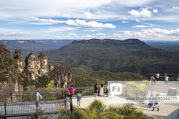 Geological formations called the Three Sisters as seen from the Three sisters Walk  Echo Point  in the Blue Mountains National Park; Katoomba  New South Wales  Australia