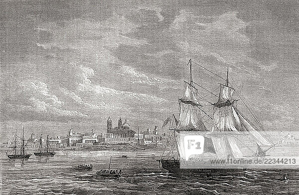 View of the port of Montevideo  Uruguay  seen during the voyage to South America  1823-1824  of Giovanni Mastai Ferretti  aka Pope Pius IX. From Le Tour du Monde  published Paris  1860.