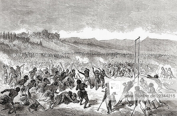 Choctaw Indians playing a ball game  seen during the expedition of Balduin Möllhausen to America  1853 -1854. From Le Tour du Monde  published Paris  1860.