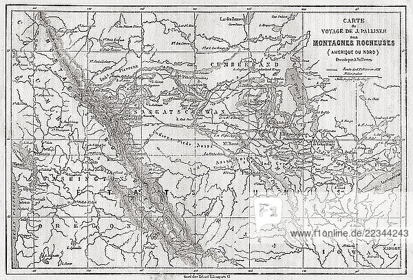 Map showing the route taken by Captain John Palliser s during his British North American Exploring Expedition  1857 - 1861. From Le Tour du Monde  published Paris  1860.
