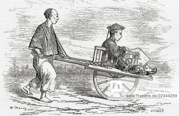Travel wheelbarrow  Chinese form of transport in China  19th century. From Le Tour du Monde  published Paris  1860.