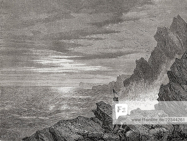 William Morton flying the American flag on the shores of the polar sea during Elisha Kent Kane s Second Grinnell expedition  1853 - 1855. From Le Tour du Monde  published Paris  1860.