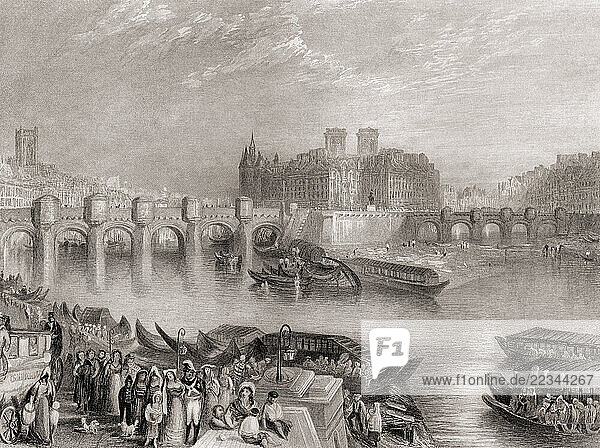 View of the Pont Neuf spanning the River Seine  Paris  France. From a 19th century print