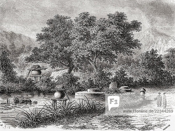 Scene in a public tea garden  Japan  19th century. From Le Tour du Monde  published Paris  1860.
