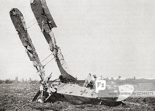 EDITORIAL The wreck of a German D.F.W.  shot down at Pilckem  1917  during WWI. From Wings of War  published 1942.