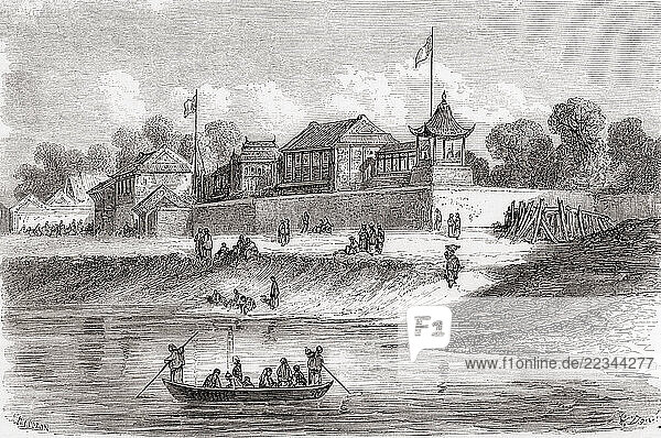 Residence of the French and English ambassadors in Tientsin aka Tianjin  Northern China  1858. From Le Tour du Monde  published Paris  1860.