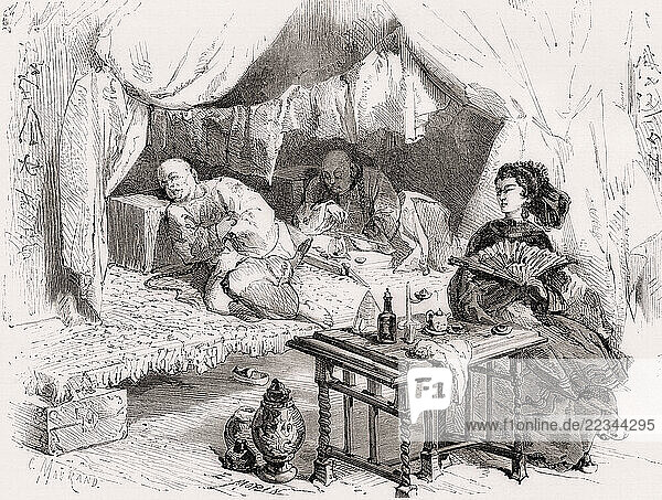 An opium den  China  19th century. From Le Tour du Monde  published Paris  1860.