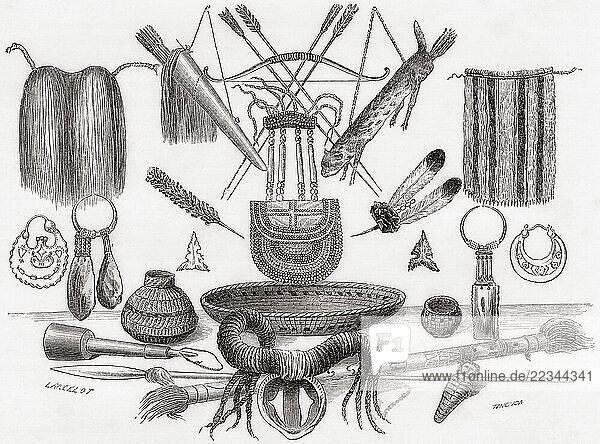 Weapons  ornaments and utensils of the Mohave  Yampa and Chimehwhuebe native Indians  seen during the expedition of Balduin Möllhausen to America  1853 -1854. From Le Tour du Monde  published Paris  1860.