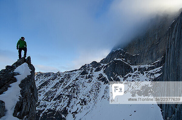 Tommy Caldwell stands on a highpoint while looking up at the massive rock walls of the Arrigetch Peaks in Brooks Range  Alaska.