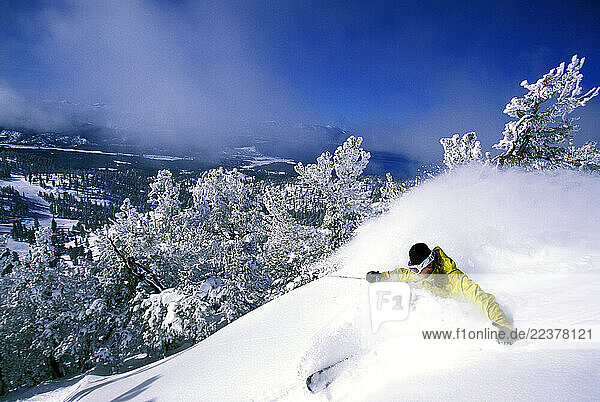 Elyse Saugstad skiing at Heavenly Mountain Resort in Lake Tahoe. Heavenly is unique in that it is the only resort in Lake Tahoe to offer runs on both the California and Nevada sides.