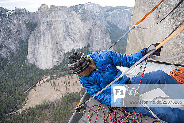 Climbers Tommy Caldwell and Kevin Jorgeson free climb the Dawn Wall in Yosemite National Park  California in January 2015. The climbers ascent of the Dawn Wall was completed over the course of 19 days. Tommy Caldwell and Kevin Jorgeson are the first climbers to free climb the 3 000-foot vertical wall.