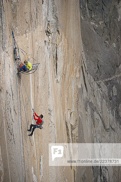 Climbers Tommy Caldwell and Kevin Jorgeson free climb the Dawn Wall in Yosemite National Park  California in January 2015. The climbers ascent of the Dawn Wall was completed over the course of 19 days. Tommy Caldwell and Kevin Jorgeson are the first climbers to free climb the 3 000-foot vertical wall.