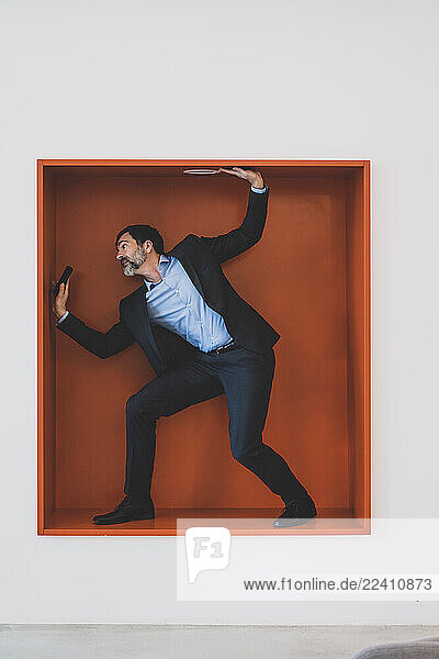 Mature businessman with cell phone caught in a niche