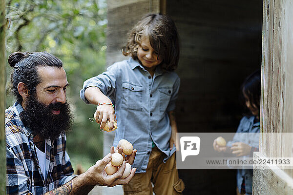 Father with two kids collecting eggs at chicken coop on an organic farm