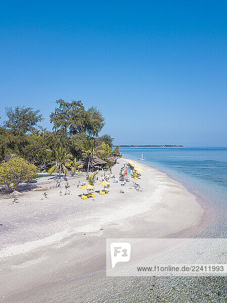 Aerial view of Gili-Air Island against clear blue sky on sunny day  Bali  Indonesia