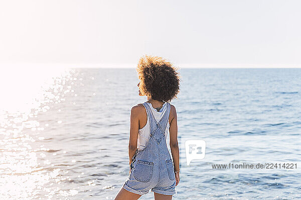Rear view of young woman on the beach  looking at distance
