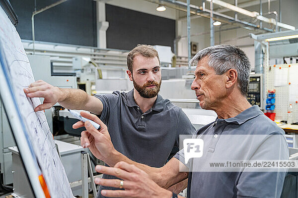 Two men discussing plans in a production hall