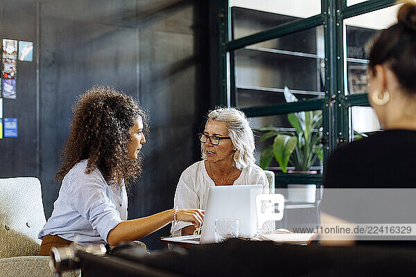 Businesswomen with laptop working together in loft office