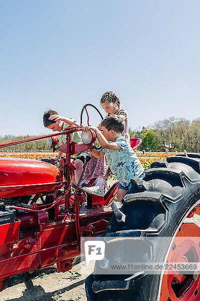 Children climbing and playing on a bright red vintage tractor