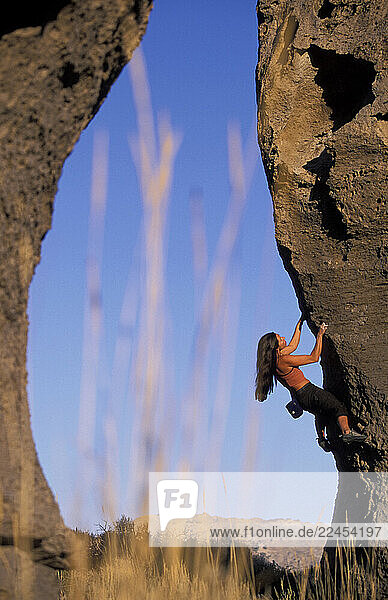 A female rock climber bouldering on a sunny day in the desert.