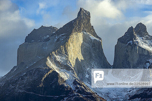 Snowcapped?peaks of Torres Del Paine in sunlight
