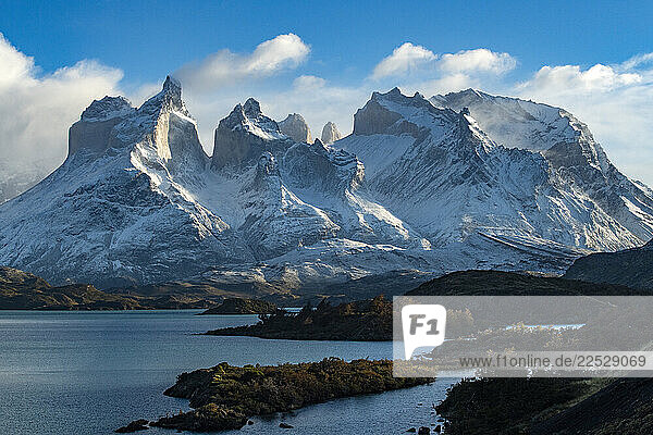 Snow covered peaks of Torres Del Paine and?Pehoe Lake