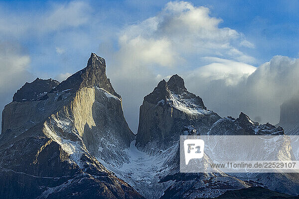 Snowcapped?peaks of Torres Del Paine in sunlight