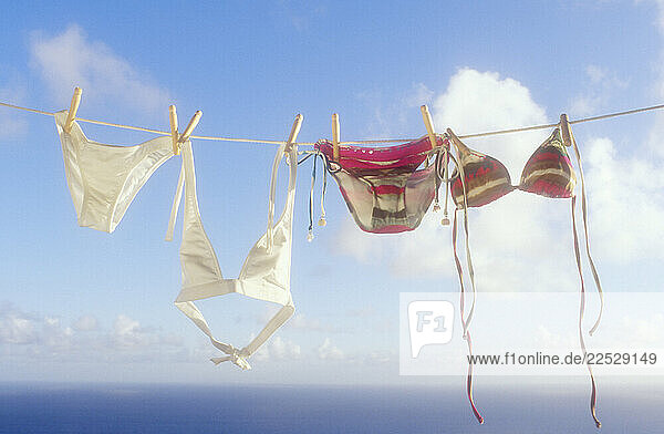 Bikini swimsuits drying on clothesline?
