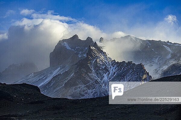 Snowcapped?peaks of Torres Del Paine in sunlight