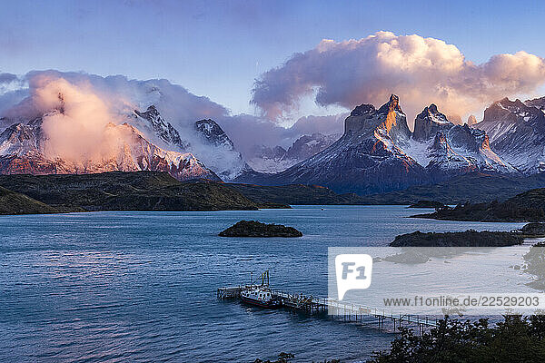 Boat dock on Pehoe Lake at dawn in Torres Del Paine