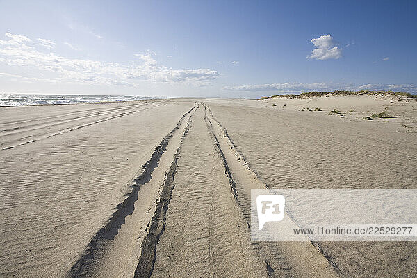 Tire tracks on empty beach
