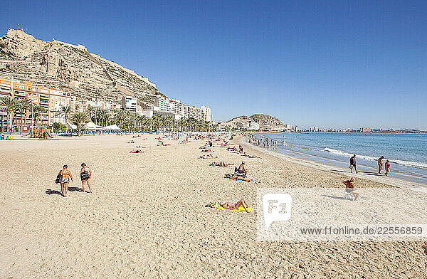 Postiguet Beach  Alicante  Spain.
Alicante  is a city and port in Spain on the Costa Blanca  the capital of the province of Alicante