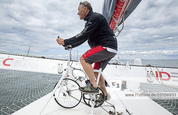 Onboard the trimaran IDEC SPORT skippered by Francis Joyon  preparing to take part in La Route du Rhum destination Guadeloupe  the fortieth edition of which starts from St. Malo on 4th November  La Trinité-sur-Mer  Brittany  France.