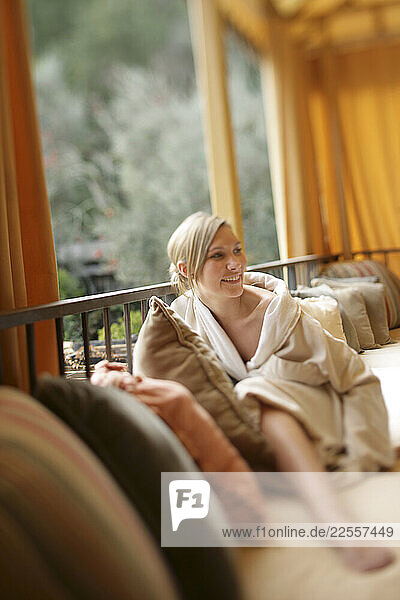 A woman seen lounging in the Spa at the Kenwood Inn and Spa in the village of Kenwood  Sonoma  California.