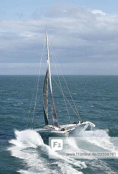 The Hydroptere at the start of a record attempt sailing in the Solent Cowes Isle of Wight United Kingdom.