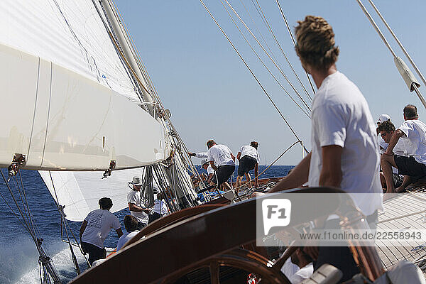 Onboard Shamrock V during the Regates Royales in Cannes France.