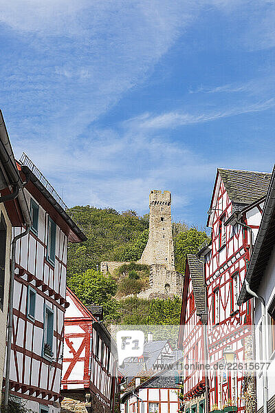 Historic half-timbered houses and Philippsburg tower in Monreal  Eifel  Germany