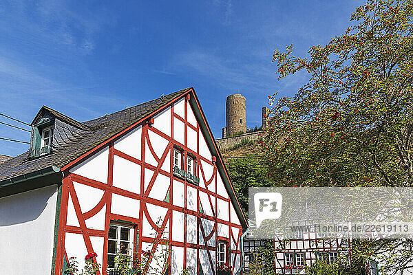 Historic half-timbered houses and Löwenburg castle in Monreal  Eifel  Germany