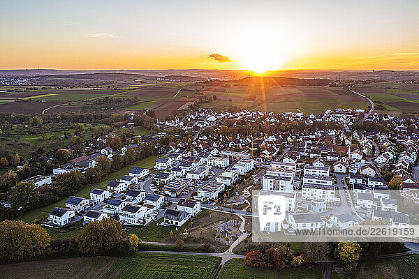 Aerial view of a climate-neutral residential area in Waiblingen  Germany at sunset