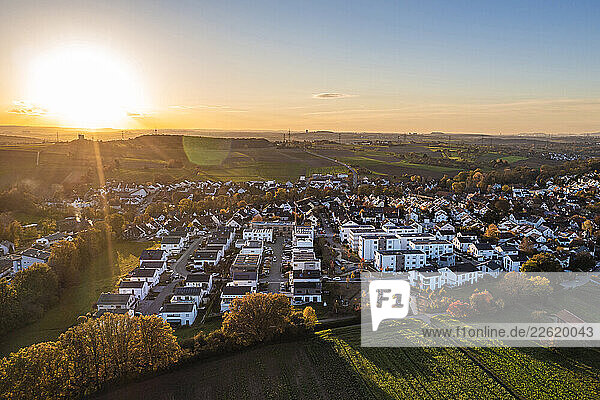 Aerial view of a climate-neutral residential area in Waiblingen  Germany at sunset.