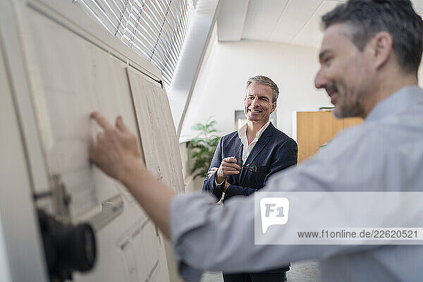 Smiling businessman looking while listening to male entrepreneur explaining strategy over whiteboard at office during meeting