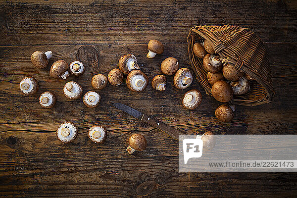 Brown mushrooms and a knife on a rustic wooden table with a willow basket