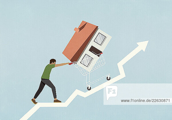 Man pushing house in shopping cart up ascending arrow