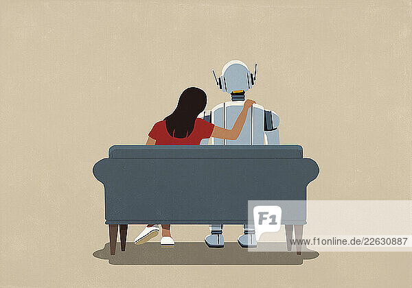 Affectionate woman with arm around AI robot on sofa