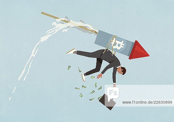 Falling Bitcoin rocket strapped to back of male investor over falling money briefcase