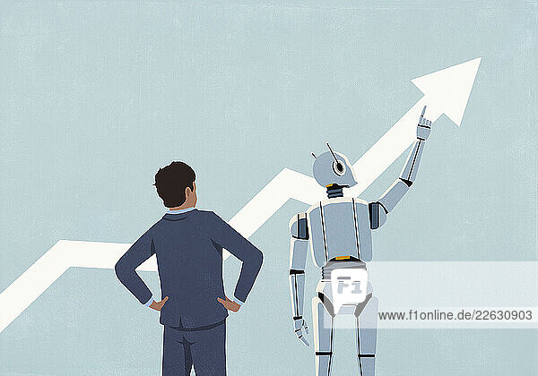 Businessman watching humanoid robot pointing at ascending arrow