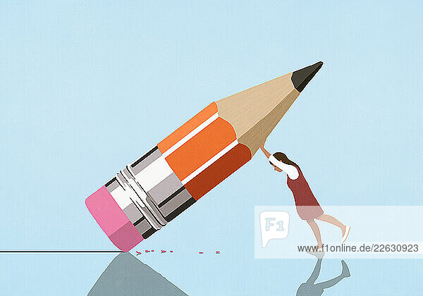 Girl erasing line with large pencil nub eraser against blue background