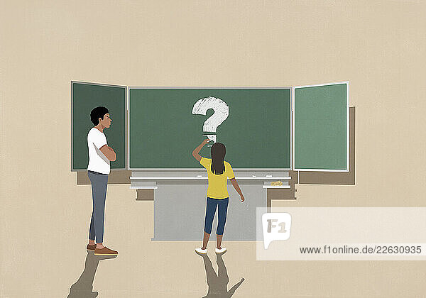 Teacher with arms crossed watching schoolgirl draw large question mark on classroom blackboard